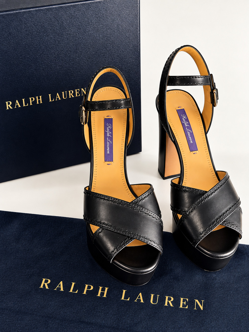 NEW Ralph Lauren Collection Lakia Black Burnished Calfskin Platform Sandals 36B